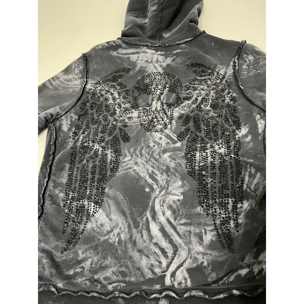 Sinful Affliction Y2K Hoodie Womens L Black Rhinestone Graphic Distressed Grunge - Picture 7 of 7
